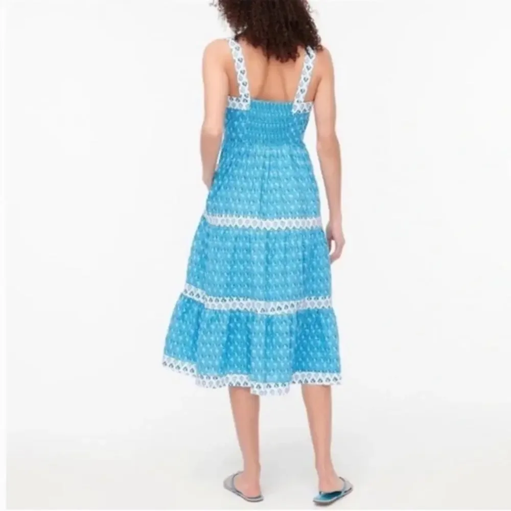 J. Crew Block Print Square Neck Smocked Floral Tiered Midi Dress Size 2 NWT_2